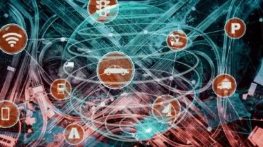 Yeni şehir yolunda gelecekteki araba trafiği için akıllı ulaşım teknolojisi kavramı