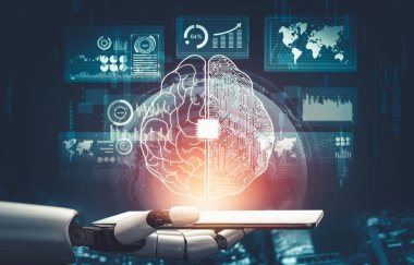 Geleceğin yapay zekası robot yapay zeka kavramını düşünüyor.