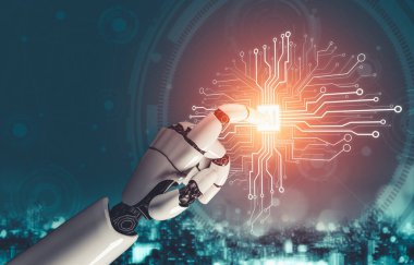 Geleceğin yapay zekası robot yapay zeka kavramını düşünüyor.