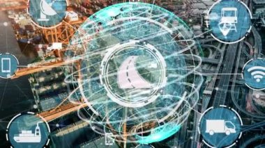 Yeni şehir yolunda gelecekteki araba trafiği için akıllı ulaşım teknolojisi kavramı