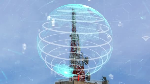 Torre di telecomunicazione con grafica 3D dell'alterazione globale del business — Video Stock