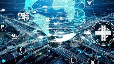 Yeni şehir yolunda gelecekteki araba trafiği için akıllı ulaşım teknolojisi kavramı