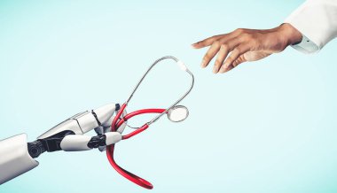 Gelecekteki hastanelerde çalışan tıbbi yapay zeka robotu.