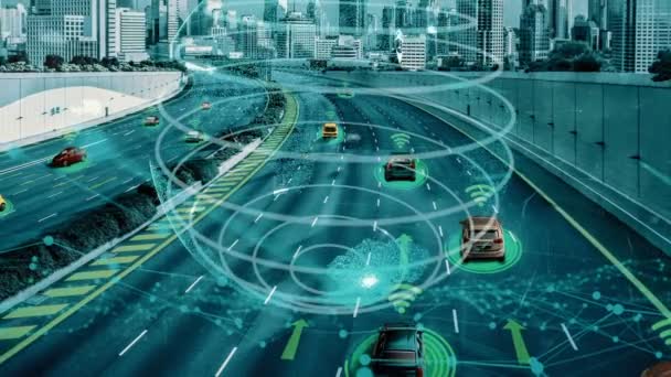 Concetto di tecnologia di trasporto intelligente per il futuro traffico automobilistico sulla nuova strada urbana — Video Stock