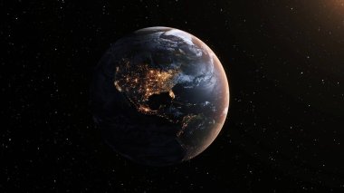 Gerçekçi coğrafya yüzeyi ve yörüngesel 3D bulut atmosferine sahip Dünya gezegeni