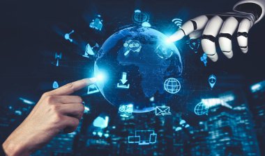 Yapay zeka ve makine öğrenimi AI droid robotu veya cyborg