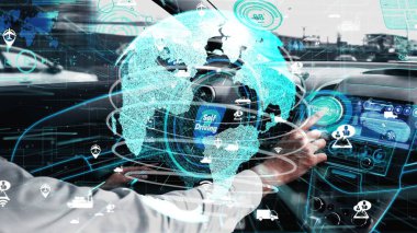 Sürücü koltuğunda konseptli adam olan otonom bir araba.