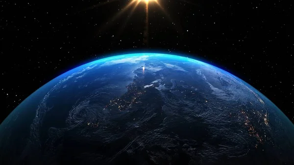 Planet earth with realistic geography surface and orbital 3D cloud atmosphere — 图库照片