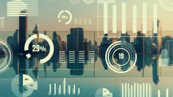 Interfaz analítica de datos empresariales sobrevuelan ciudad inteligente mostrando futuro de alteración — Vídeo de stock