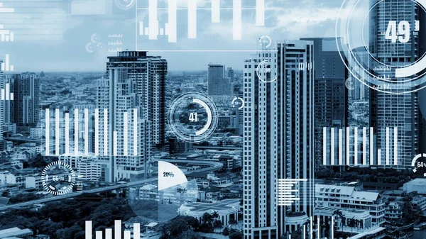 Interfejs analityczny danych biznesowych przelatuje nad smart city pokazując zmiany przyszłości — Zdjęcie stockowe