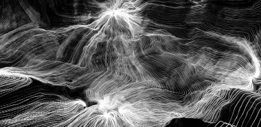 Ağ noktaları ve koyu arkaplanı birbirine bağlayan dijital dokuma çizgilerinin soyut dalgası