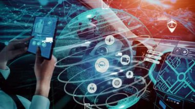 Yeni şehir yolunda gelecekteki araba trafiği için akıllı ulaşım teknolojisi kavramı