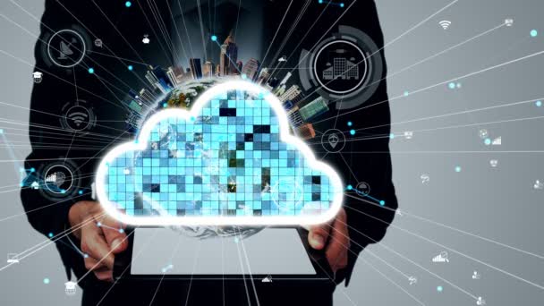Koncepční technologie cloud computingu a ukládání dat pro budoucí inovace — Stock video