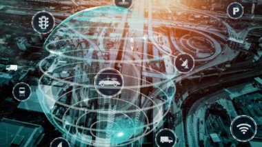 Yeni şehir yolunda gelecekteki araba trafiği için akıllı ulaşım teknolojisi kavramı