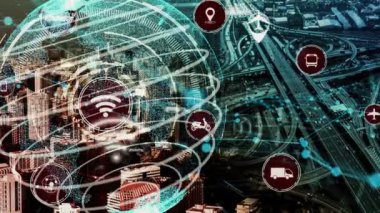 Yeni şehir yolunda gelecekteki araba trafiği için akıllı ulaşım teknolojisi kavramı