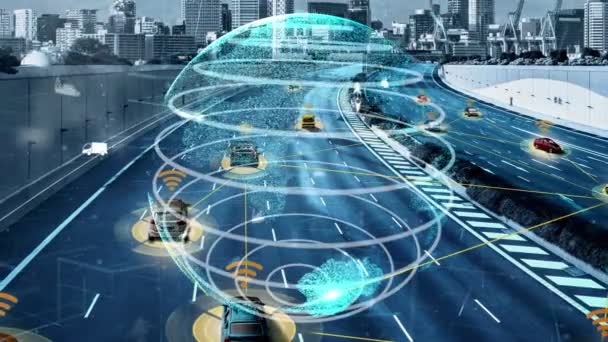Concepto de tecnología de transporte inteligente para el tráfico futuro de automóviles en la ciudad newish carretera — Vídeos de Stock