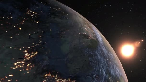 แอนิเมชั่นวงโคจรโลก 3 มิติที่มีพื้นผิวภูมิศาสตร์และเมฆที่สมจริง — วีดีโอสต็อก