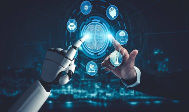 Yapay zeka ve makine öğrenimi AI droid robotu veya cyborg