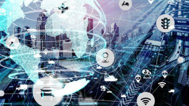 Yeni şehir yolunda gelecekteki araba trafiği için akıllı ulaşım teknolojisi kavramı