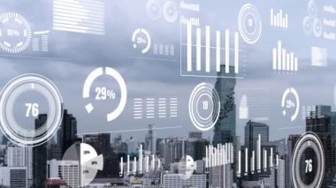 İş verisi analitik arayüzü, geleceği gösteren akıllı şehir üzerinde uçar