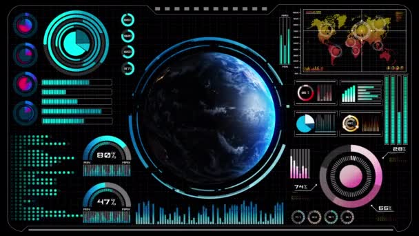 軌道グローバルネットワーク3Dレンダリングと未来的なVRヘッドアップディスプレイデザイン — ストック動画