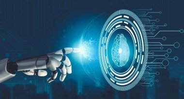 Geleceğin yapay zekası robot yapay zeka kavramını düşünüyor.
