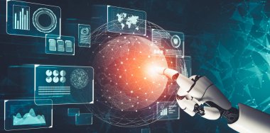 Geleceğin yapay zekası robot yapay zeka kavramını düşünüyor.