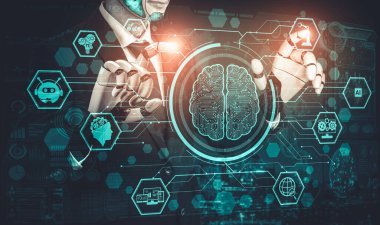 Yapay zeka ve makine öğrenimi AI droid robotu veya cyborg