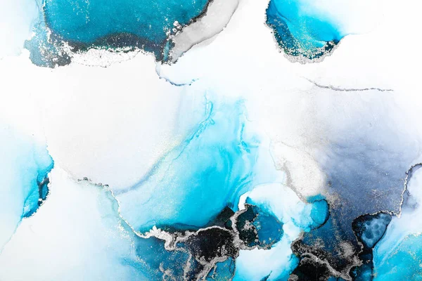 Argent bleu fond abstrait de marbre peinture à l'encre liquide art sur papier . — Photo