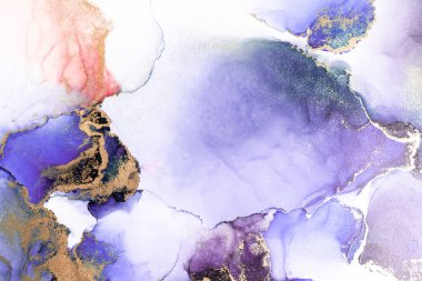 Kağıt üzerinde mermer sıvı mürekkep resminin mor altın soyut arkaplanı .
