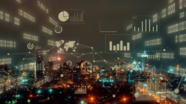 İş verisi analitik arayüzü, geleceği gösteren akıllı şehir üzerinde uçar