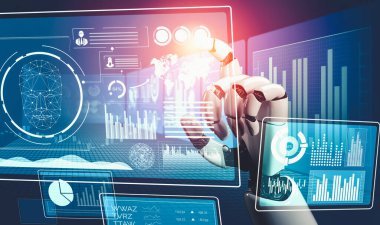 Geleceğin yapay zekası robot yapay zeka kavramını düşünüyor.