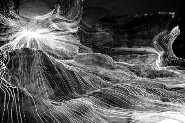 Ağ noktaları ve koyu arkaplanı birbirine bağlayan dijital dokuma çizgilerinin soyut dalgası