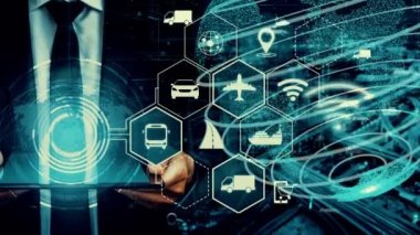 Yeni şehir yolunda gelecekteki araba trafiği için akıllı ulaşım teknolojisi kavramı