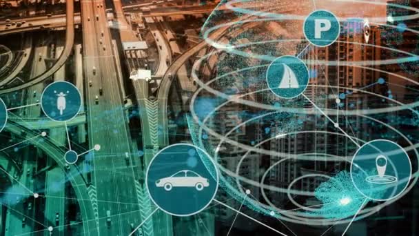 도시의 새로운 도로에서의 미래 차량 교통에 대한 스마트 운송 기술 개념 — 비디오
