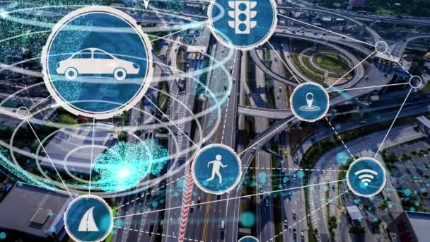 Koncepcja inteligentnej technologii transportowej dla przyszłego ruchu samochodowego na nowej drodze miejskiej — Wideo stockowe