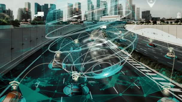 Концепція технології розумного транспорту для майбутніх автомобільних перевезень на новітній міській дорозі — стокове відео