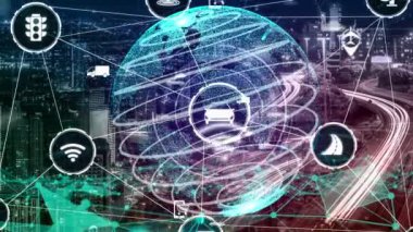 Yeni şehir yolunda gelecekteki araba trafiği için akıllı ulaşım teknolojisi kavramı