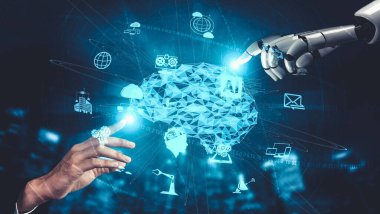 Yapay zeka ve makine öğrenimi AI droid robotu veya cyborg