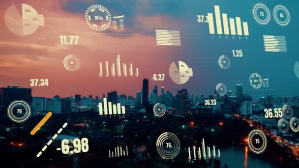 Bedrijfsgegevens analytische interface vliegen over slimme stad tonen verandering toekomst — Stockvideo