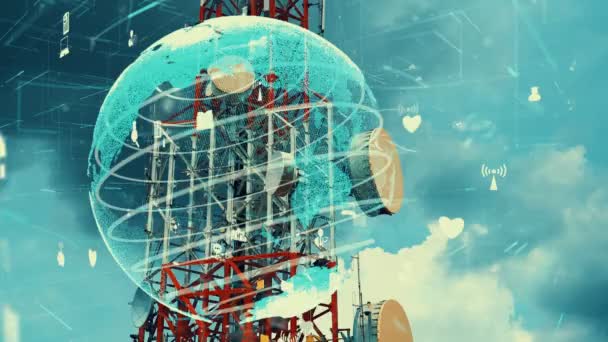 Telekommunikationsturm mit 3D-Grafik globaler Geschäftsveränderungen — Stockvideo