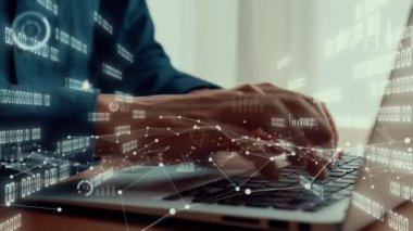 İş adamı iş veri analizini analiz etmek için yetenekli dizüstü bilgisayar kullanır
