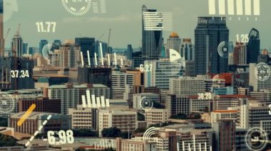 İş verisi analitik arayüzü, geleceği gösteren akıllı şehir üzerinde uçar