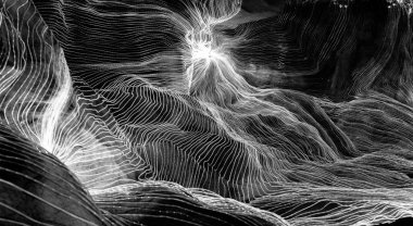 Ağ noktaları ve koyu arkaplanı birbirine bağlayan dijital dokuma çizgilerinin soyut dalgası