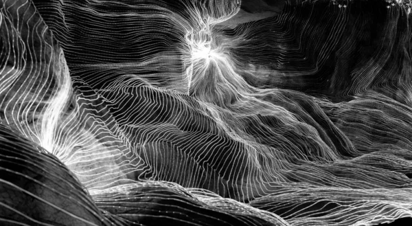 Ağ noktaları ve koyu arkaplanı birbirine bağlayan dijital dokuma çizgilerinin soyut dalgası