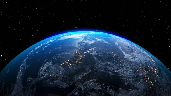 Planeet aarde met realistische geografie oppervlak en baan 3D wolk atmosfeer — Stockfoto