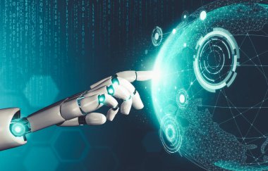 Geleceğin yapay zekası robot yapay zeka kavramını düşünüyor.