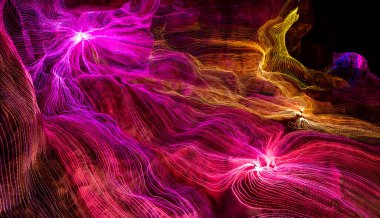 Ağ noktaları ve koyu arkaplanı birbirine bağlayan dijital dokuma çizgilerinin soyut dalgası