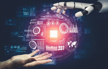 Geleceğin yapay zekası robot yapay zeka kavramını düşünüyor.