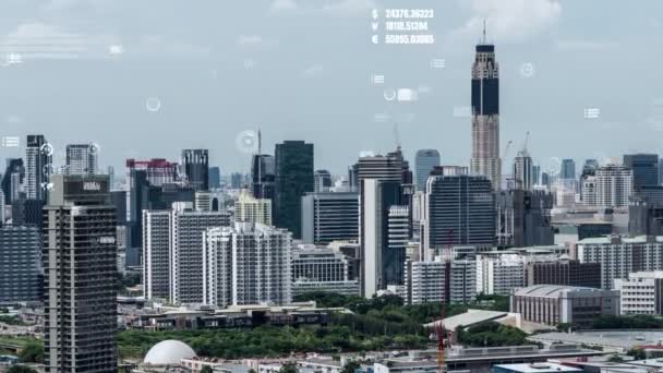 L'interfaccia analitica dei dati aziendali sorvola smart city mostrando il futuro dell'alterazione — Video Stock